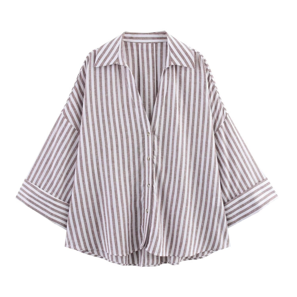 Women's Long Sleeve Single-Button Striped Shirt with Notch Lapel