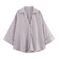 Women's Long Sleeve Single-Button Striped Shirt with Notch Lapel
