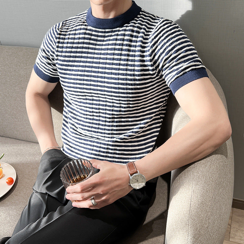 Round neck striped knitted shirt short sleeved T-shirt for men