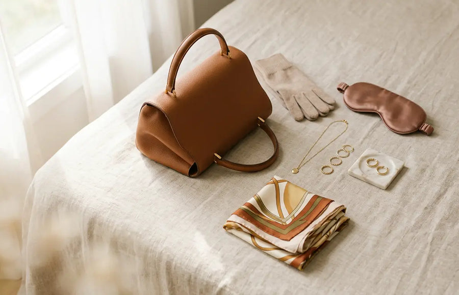 A warm brown leather handbag sits on a light beige linen bed, styled with a matching silk scarf, beige gloves, a satin sleep mask, gold jewelry, and a small white card in a softly lit bedroom setting.