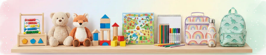 A collection of colorful children's items arranged on a wooden shelf against a pastel gradient background. The set includes a wooden abacus, two plush toys (a teddy bear and a fox), building blocks, a patterned coloring book, a notebook with colored pencils, a rainbow lunch bag, a mint green patterned backpack, a pink patterned backpack, and a small heart-shaped accessory.