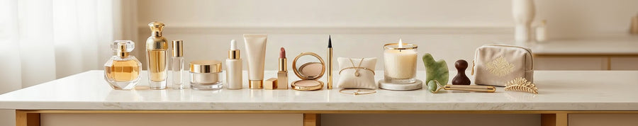 A curated collection of luxury beauty and self-care items arranged on a marble countertop in a bright, elegant bathroom setting. The products include a perfume bottle, skincare containers, a compact mirror, a candle, a small massage tool, and a makeup pouch, all in soft cream, gold, and beige tones.