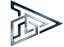A 3D geometric wall art sculpture featuring interlocking triangular and maze-like shapes in polished silver and dark navy blue, displayed on a light gray pedestal against a light gray background.
