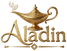 A golden Aladdin-themed graphic featuring an ornate genie lamp above the word 'Aladdin' in large decorative gold lettering, with a spark-like gold trail below, shown on a transparent checkerboard background.