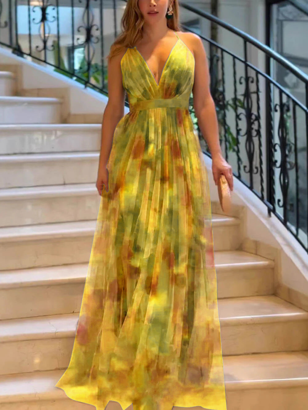 Cross-border 2025 European and American Spring/Summer New Mesh Printed Sundress, INS Vacation Casual Party Dress