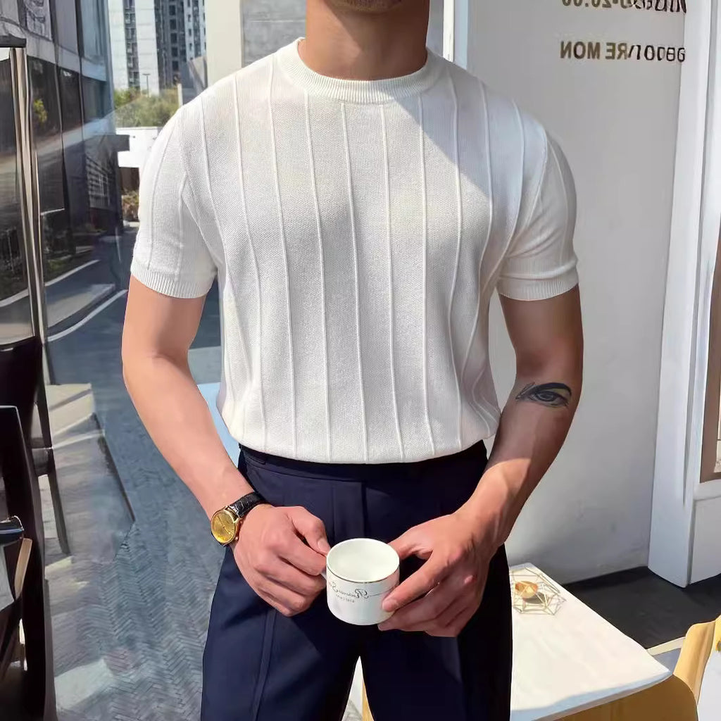 Men's Black Knit T-Shirt - Crew Neck, Short Sleeve