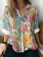 Cat cross-border Amazon European and American women's 3D printed floral pattern long-sleeved shirt women's fashion tops