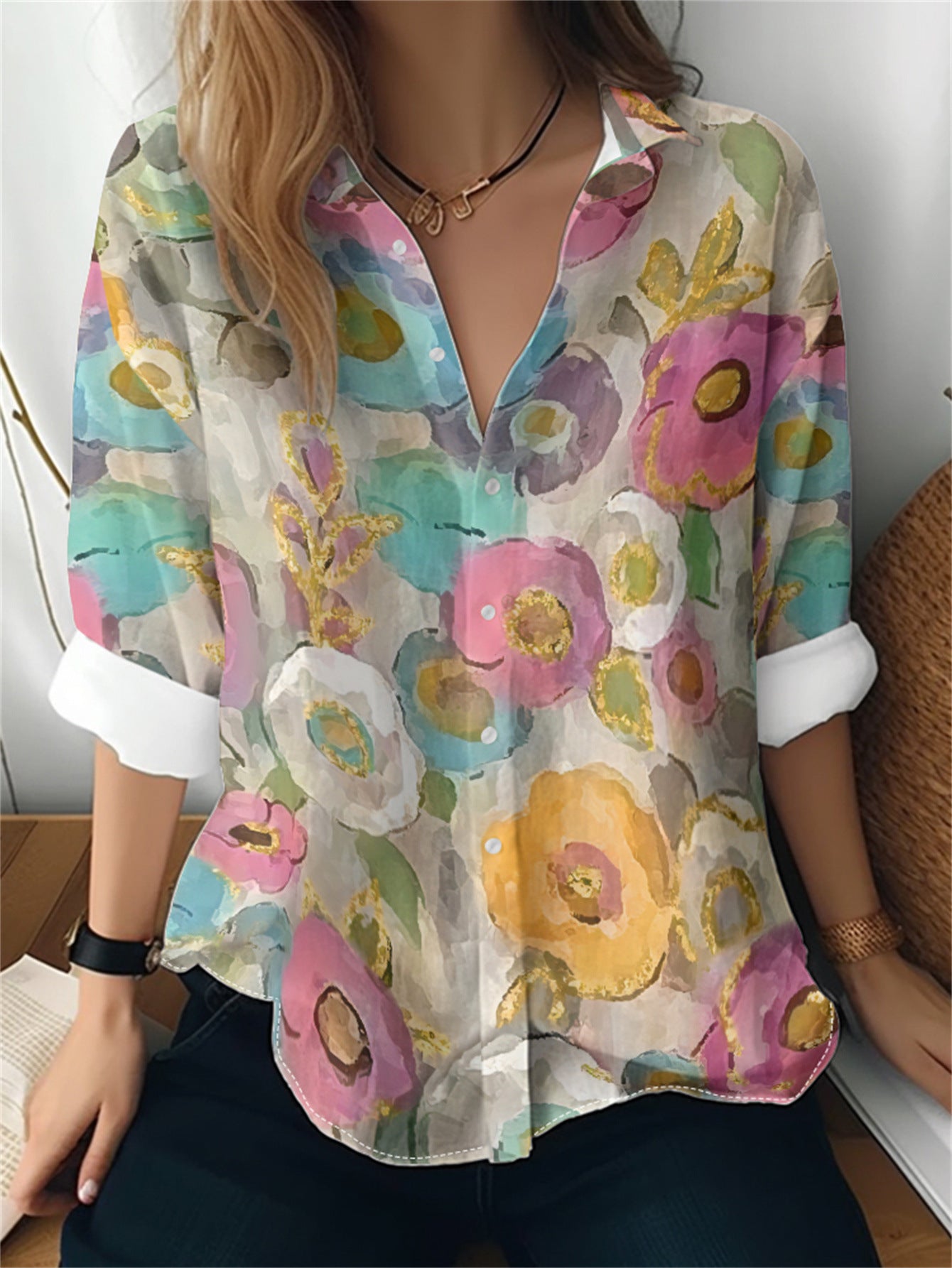 Cat cross-border Amazon European and American women's 3D printed floral pattern long-sleeved shirt women's fashion tops