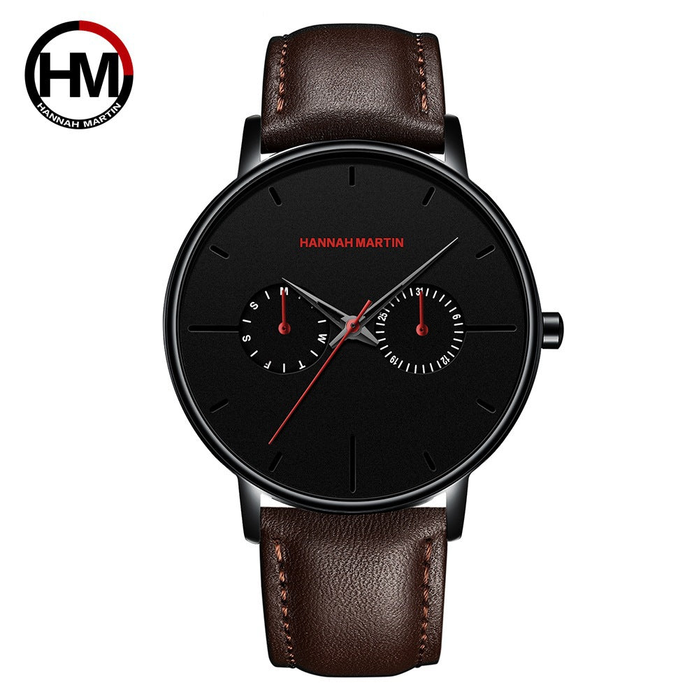 Men's multifunctional waterproof quartz watch top layer cowhide watch student trend niche brand ins business watch