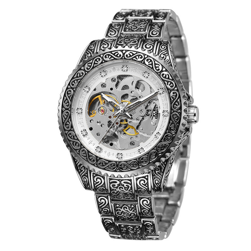Men's Black Silver Automatic Mechanical Watch - Steel Strap