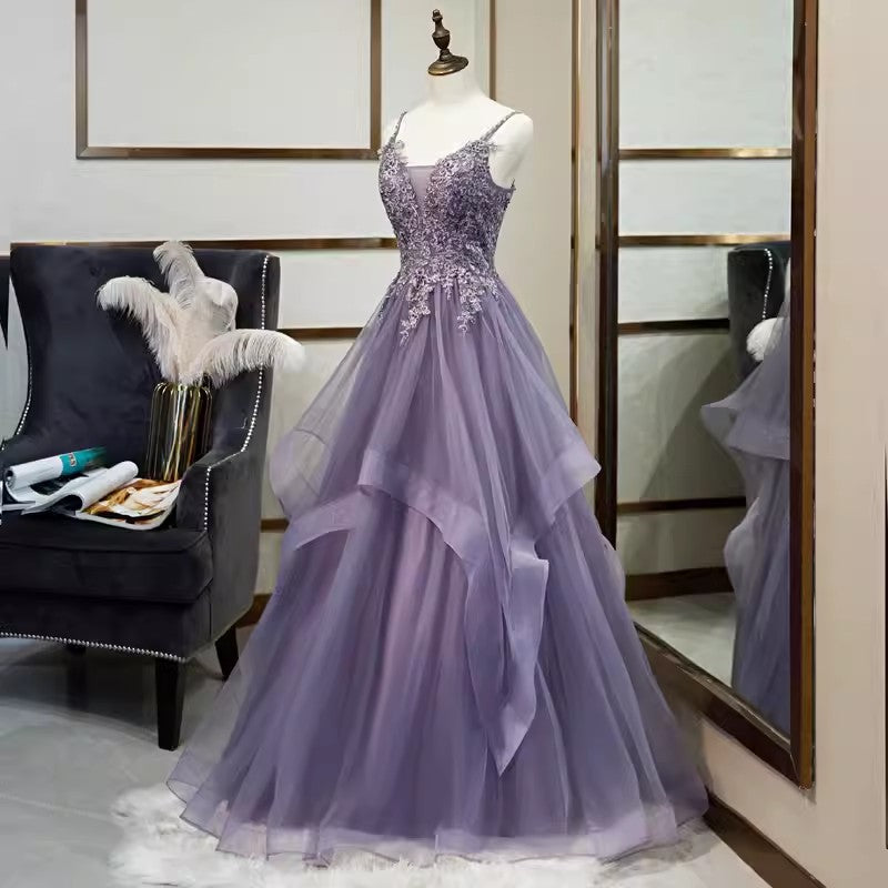 Women's V-Neck Evening Gown with Spaghetti Straps