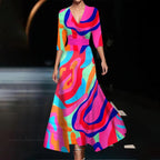 2024 summer new European and American cross-border Amazon temperament women's clothing cross V-neck three-quarter sleeve women's long dress