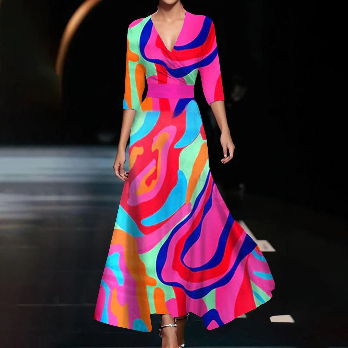 2024 summer new European and American cross-border Amazon temperament women's clothing cross V-neck three-quarter sleeve women's long dress