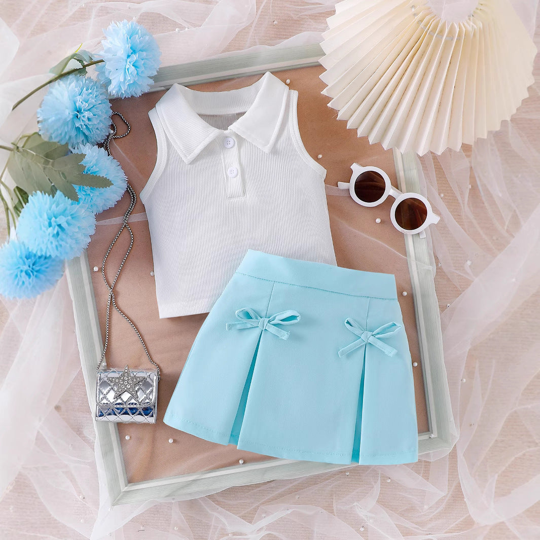 Cross-border European and American summer casual girls suits, sleeveless lapel tops for small and medium-sized children, bow short skirt two-piece suit