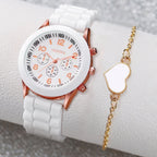 Women's White Heart-Design Quartz Watch - Silicone Strap