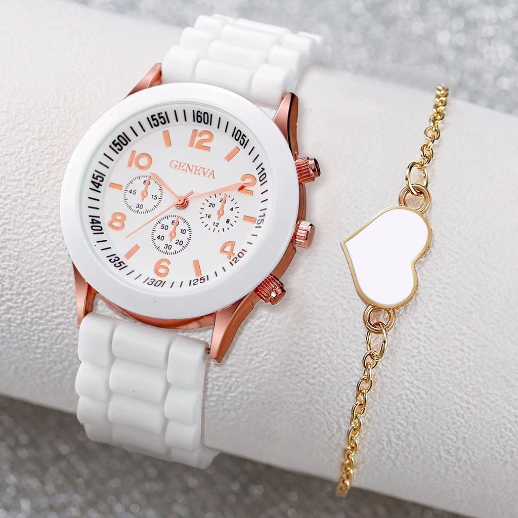 Women's White Heart-Design Quartz Watch - Silicone Strap