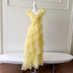 French-style sexy V-neck dress with irregular cake skirt, ruffled hem, long vacation dress 69777