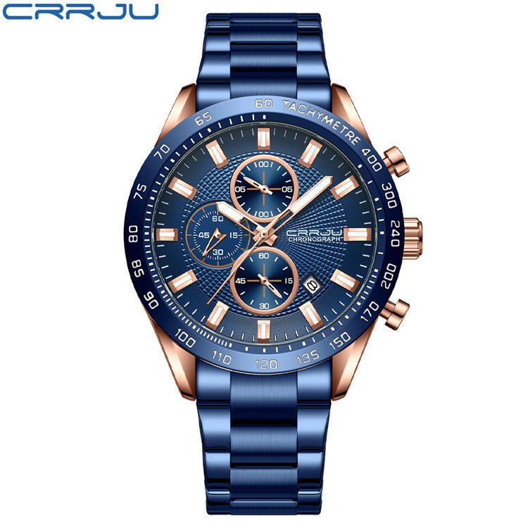 Men's Silver Blue Steel Watch - Waterproof, Calendar