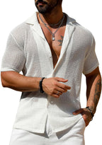 Men's White Knit Cardigan Shirt – Short Sleeve | Aladinae