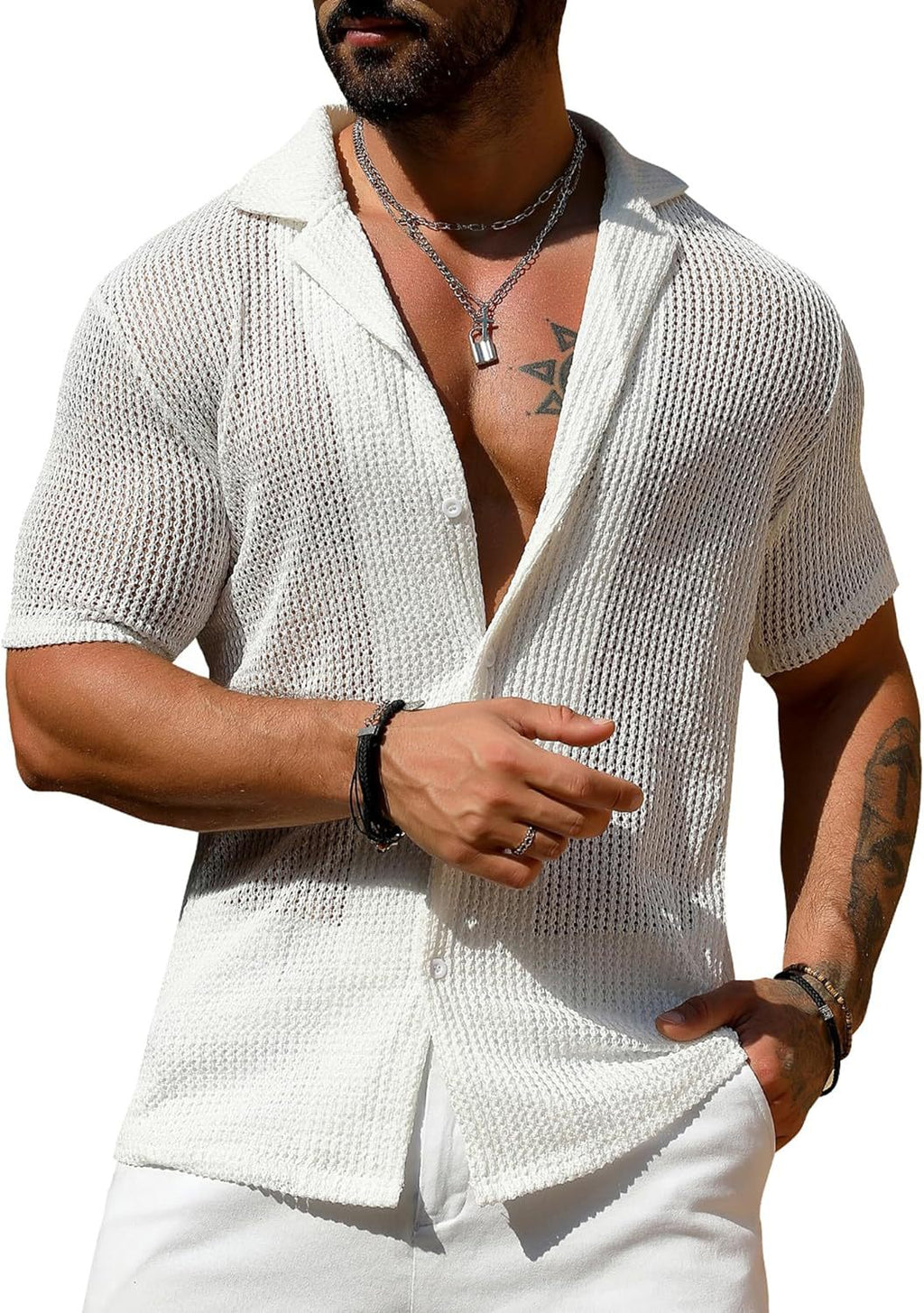 Men's White Knit Cardigan Shirt – Short Sleeve | Aladinae