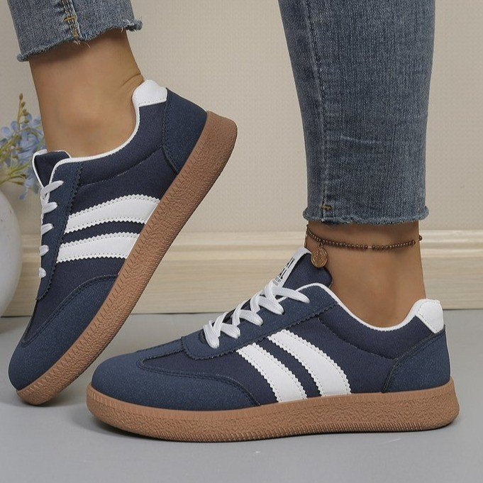 Women's Beige Flat Sneakers - Low-Top, Lace-Up