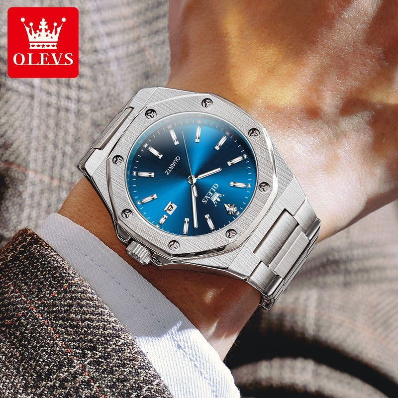 Men's Blue Quartz Watch - Steel Strap, Calendar