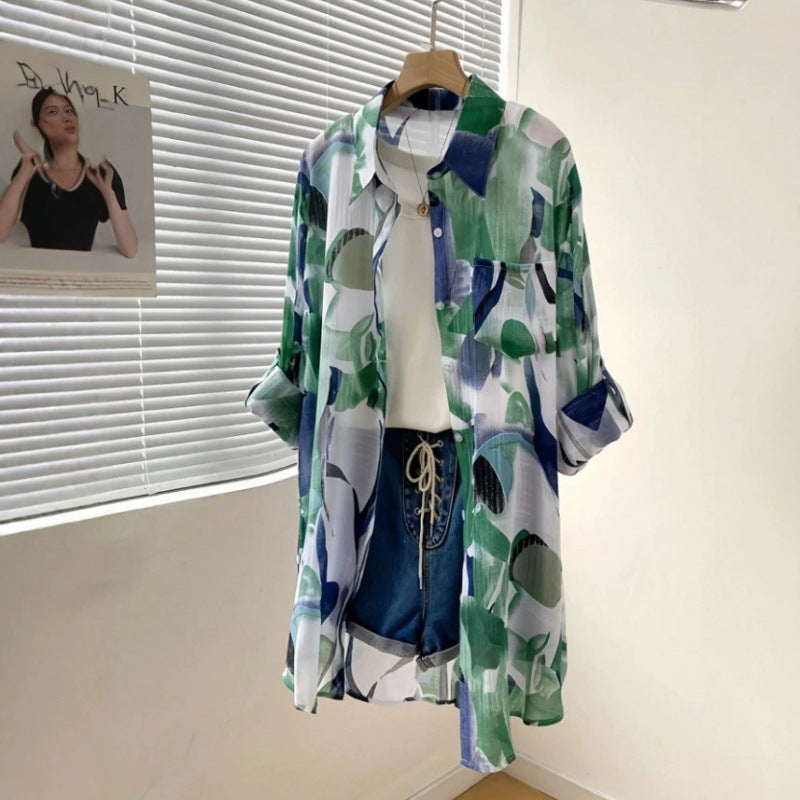 Amazon mid-length loose chiffon blouse with green and blue color blocking abstract print, lightweight and breathable, 2026 European and American cross-border style.