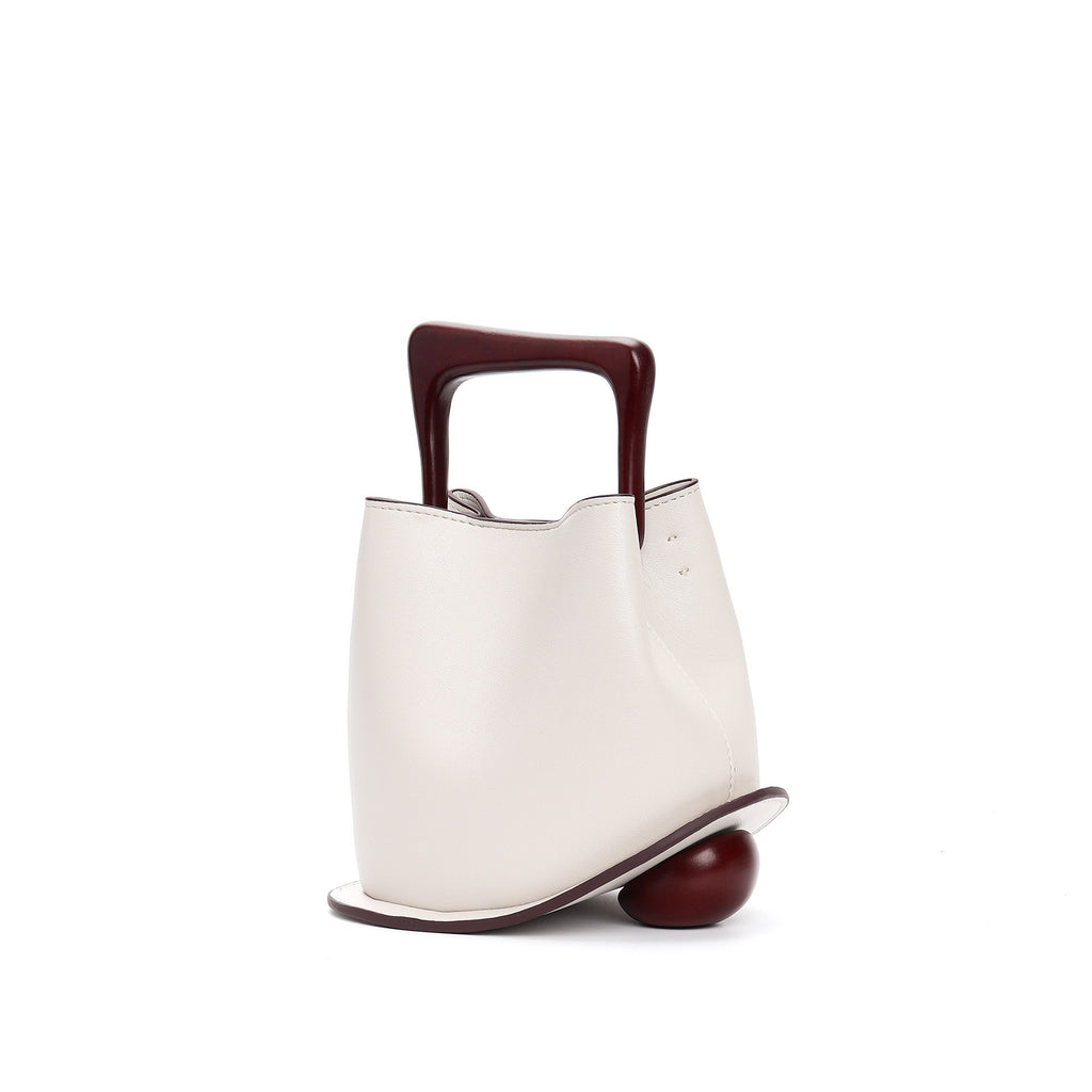 New genuine leather plain weave handbag imported cowhide commuter basket bucket bag wooden handbag messenger bag for women