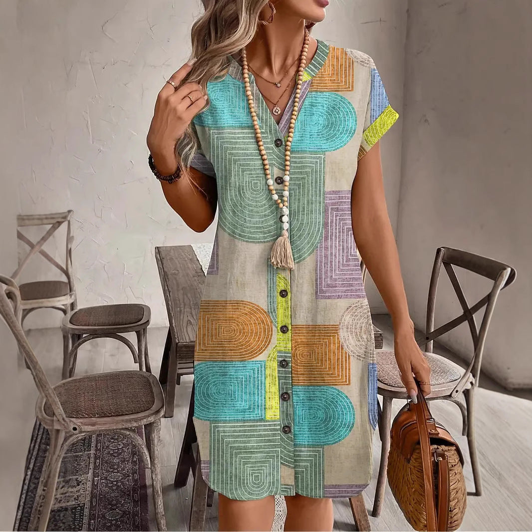 2026 European and American style women's clothing, export, Amazon summer printed elegant V-neck button dress, independent website.