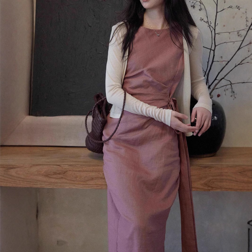[LeWei] 100 Linen Round Neck Sleeveless Dress for Women, Summer Tie-Waist Fitted Dress, Versatile for Commuters