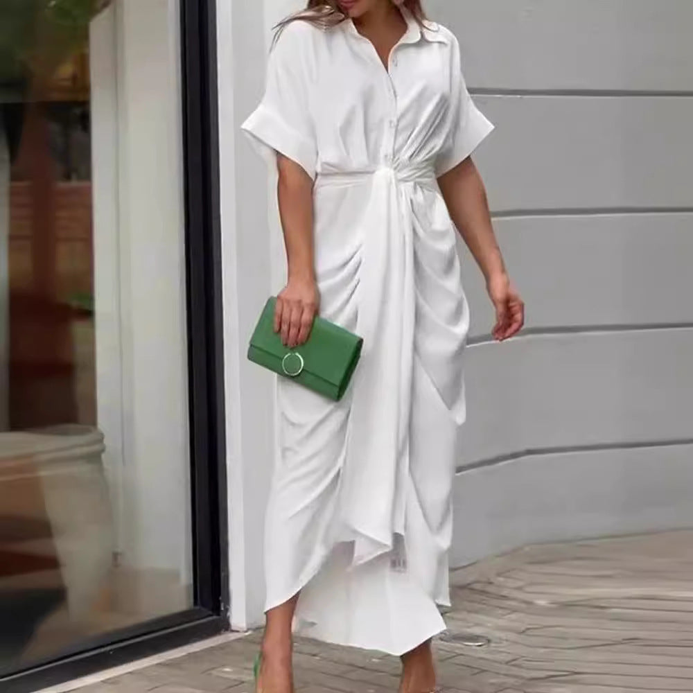 European and American cross-border 2024 Amazon summer new women's clothing printed lapel short-sleeved waist long shirt dress