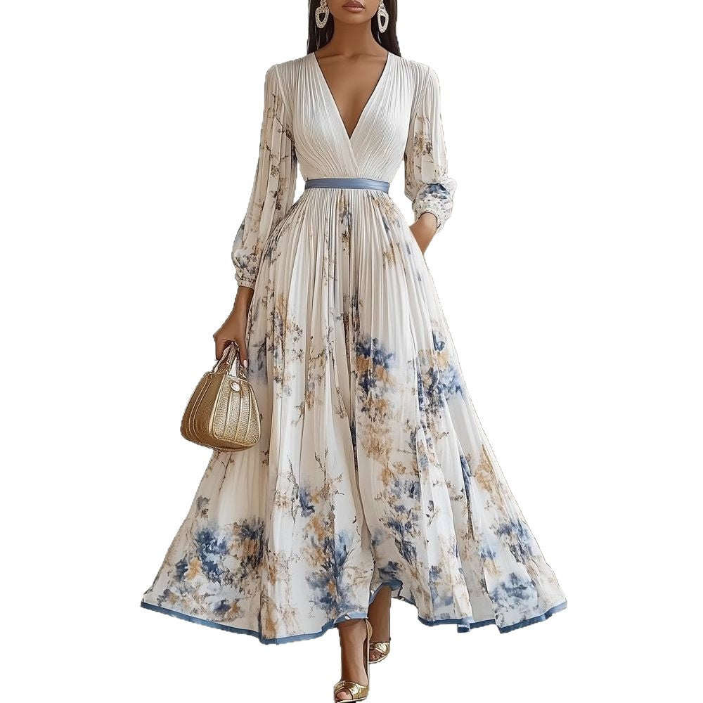 2025 European and American export women's clothing hot-selling long-sleeved printed short-sleeved resort dress, mid-length coat dress.