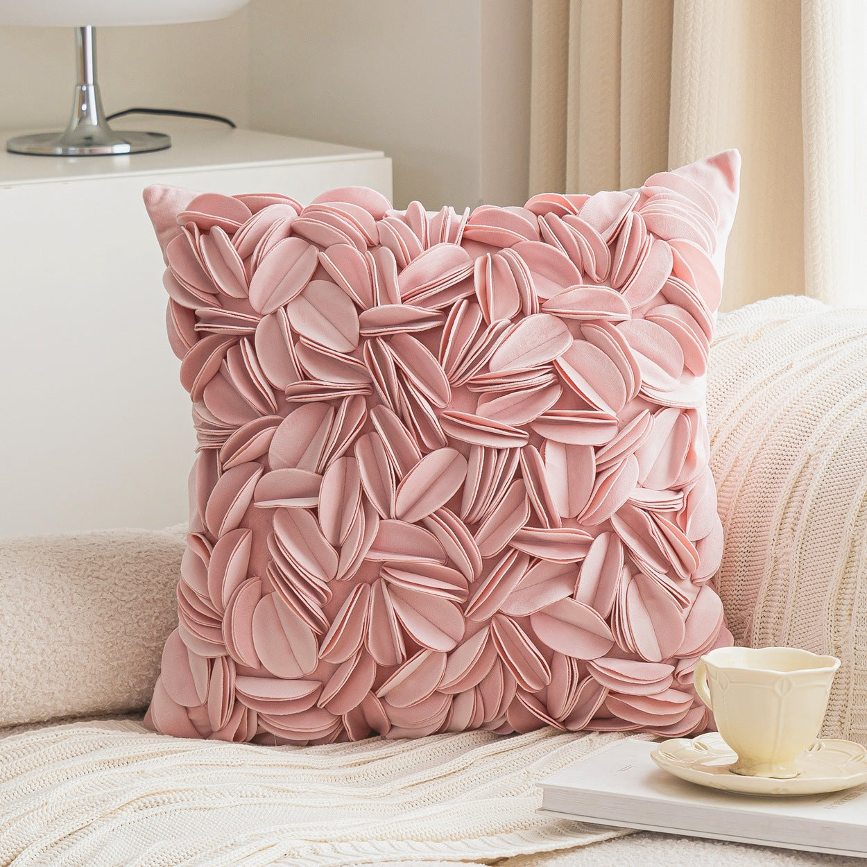 New minimalist luxury style handmade decorative pillowcase, solid color petal-patterned double-layered sofa cushion/bed backrest.