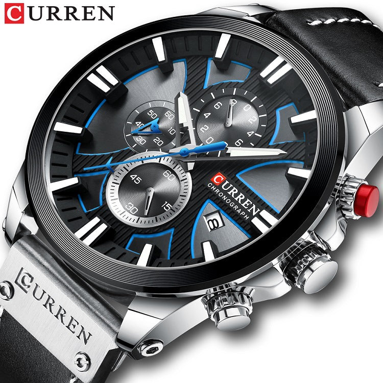 Men's Silver Black Multi-Hand Quartz Watch - Leather Strap
