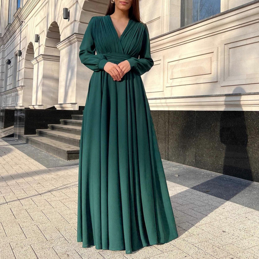 2025 New European and American Cross-Border Foreign Trade Dress, Sexy Deep V Long Sleeve Pleated Dress (eBay, Amazon)