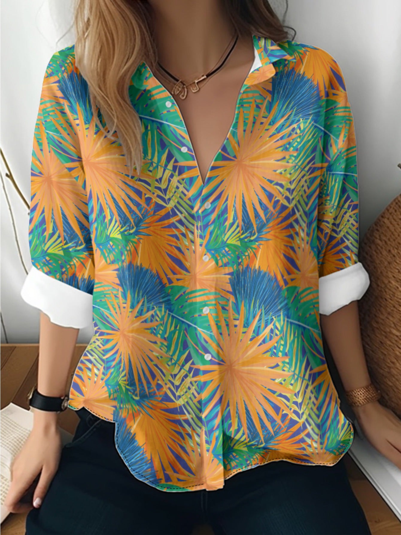 Cat cross-border Amazon European and American women's 3D printed floral pattern long-sleeved shirt women's fashion tops