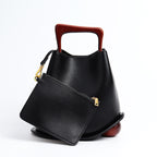 New genuine leather plain weave handbag imported cowhide commuter basket bucket bag wooden handbag messenger bag for women