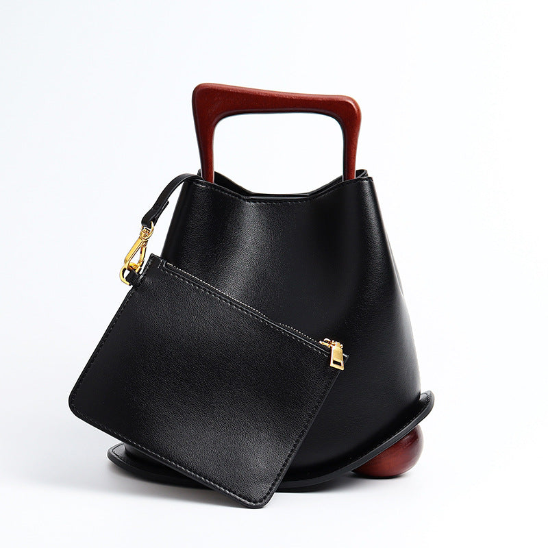 New genuine leather plain weave handbag imported cowhide commuter basket bucket bag wooden handbag messenger bag for women