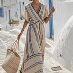 New European and American style summer vacation V-neck women's short-sleeved pleated maxi dress