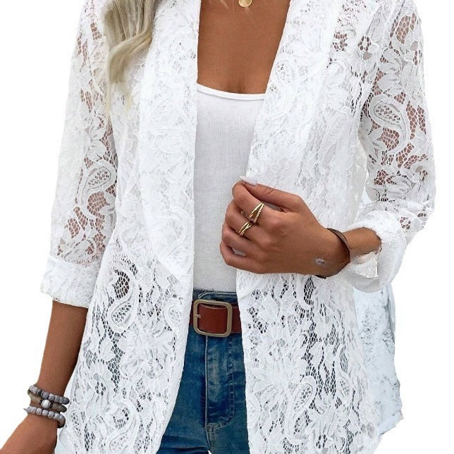 2024 European and American cross-border spring/summer stylish and versatile solid color lace shirt jacket