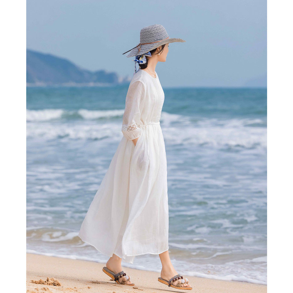 2024 Spring/Summer New Arrival: White Flowy Linen Lace-Trimmed Lantern Sleeve Tie-Waist Slimming Dress