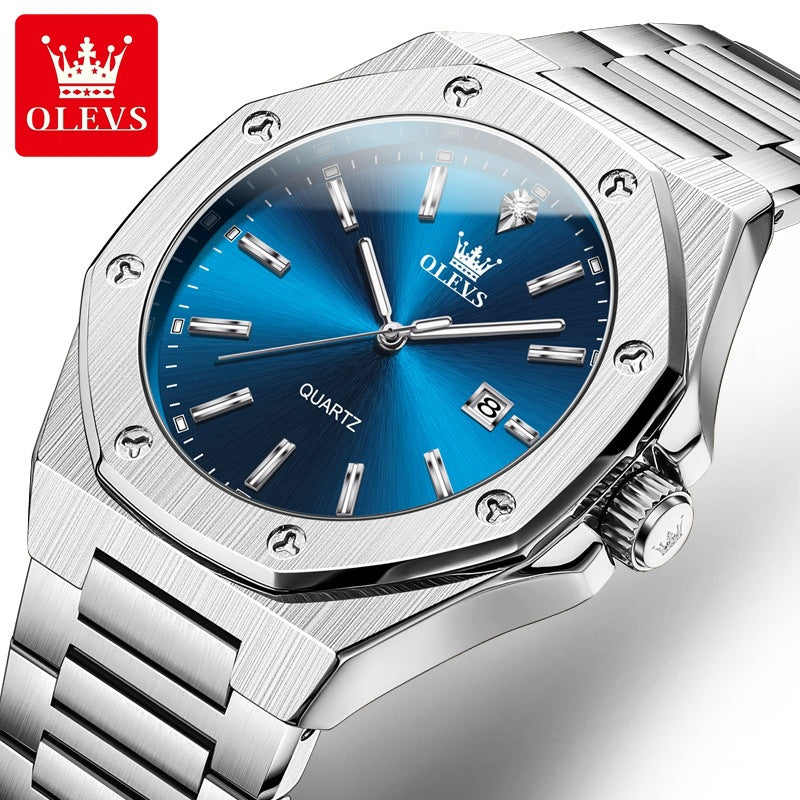 Men's Blue Quartz Watch - Steel Strap, Calendar
