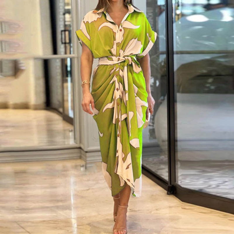 European and American cross-border 2024 Amazon summer new women's clothing printed lapel short-sleeved waist long shirt dress