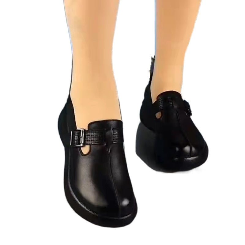Platform shoes for women thick sole soft leather handmade buckle single shoes retro round toe comfortable soft sole 2022 spring women's shoes