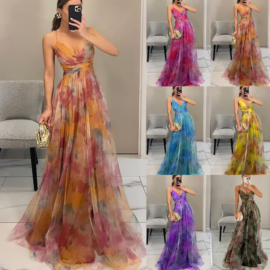 Cross-border 2025 European and American Spring/Summer New Mesh Printed Sundress, INS Vacation Casual Party Dress