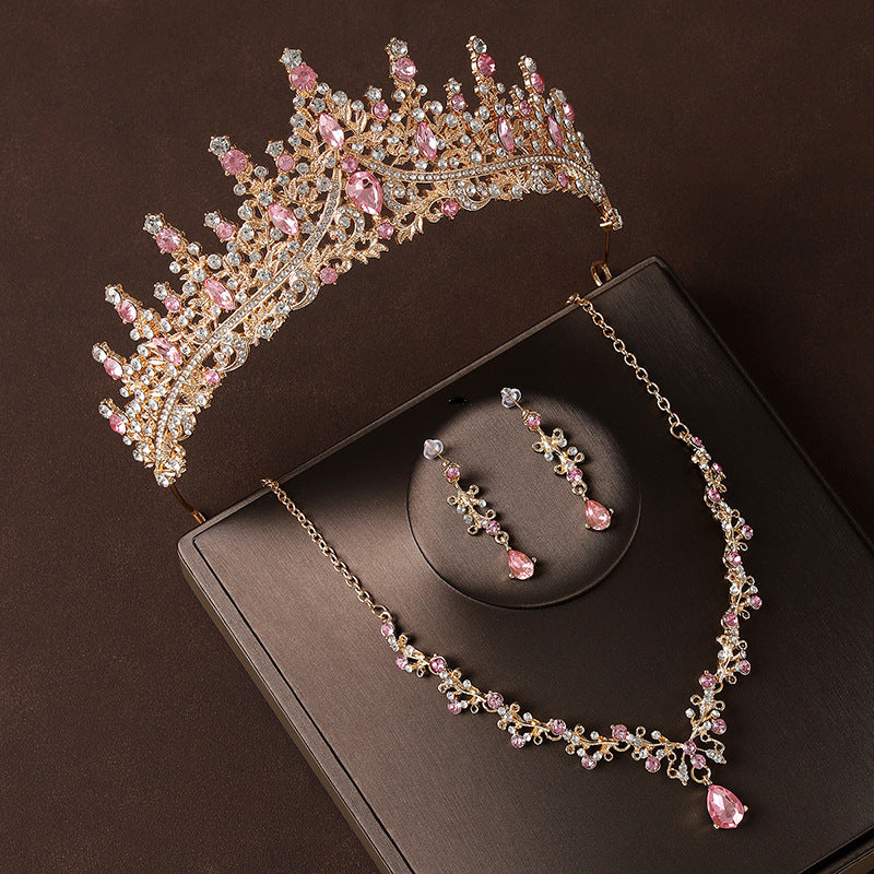 Crown headpiece necklace earrings champagne vintage pink diamond birthday crown hair accessories bride wedding dress three-piece set