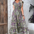 European and American cross-border women's clothing, Bohemian style, 2023 new V-neck long dress, waist-cinching floral print maxi dress.