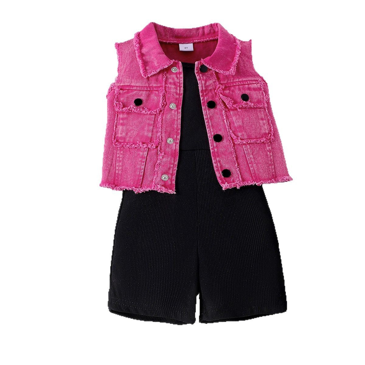 Foreign trade cross-border European and American new summer girls suits for small and medium-sized children single-breasted denim vest solid color jumpsuit