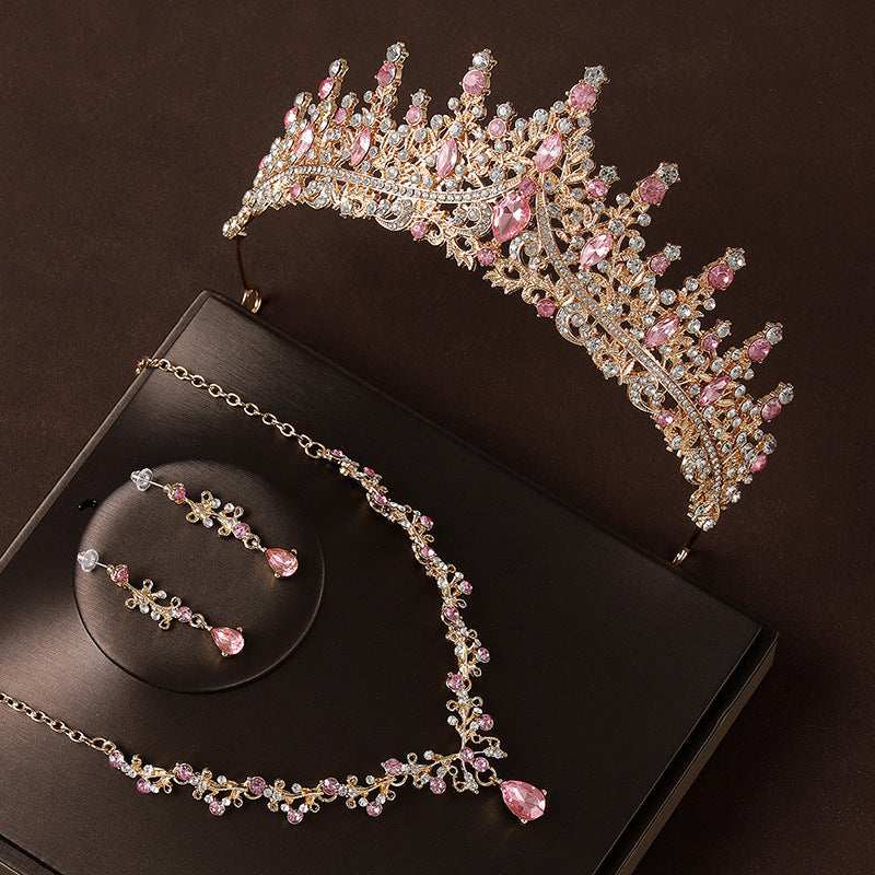 Crown headpiece necklace earrings champagne vintage pink diamond birthday crown hair accessories bride wedding dress three-piece set