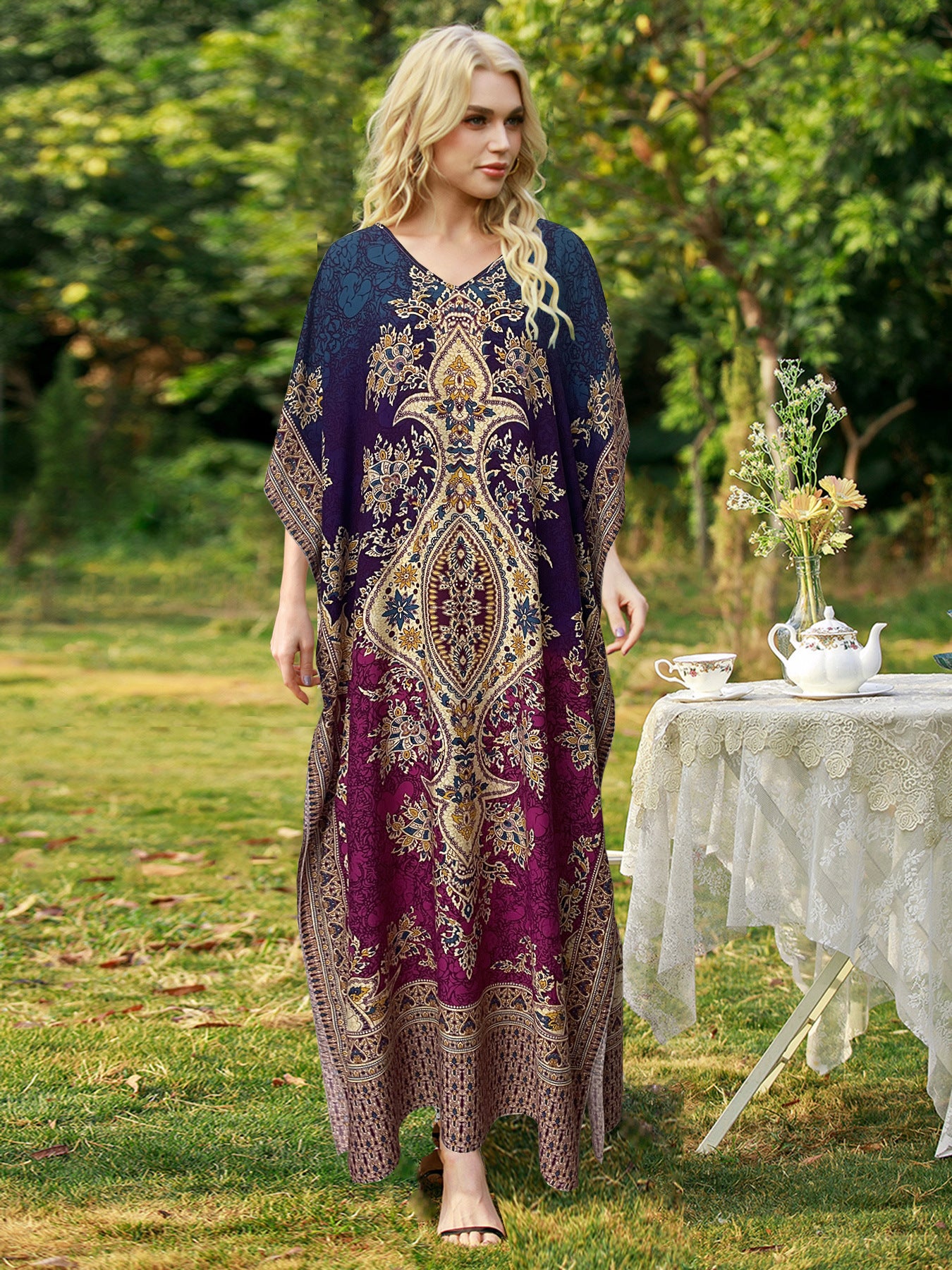 New European and American spring/summer women's bohemian print dress, plus size loose robe, Amazon beach vacation style.